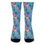 Blue Tropical And Pink Flamingo Print Crew Socks