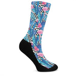 Blue Tropical And Pink Flamingo Print Crew Socks