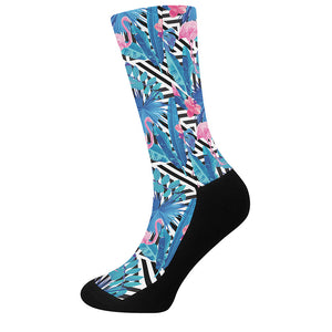 Blue Tropical And Pink Flamingo Print Crew Socks