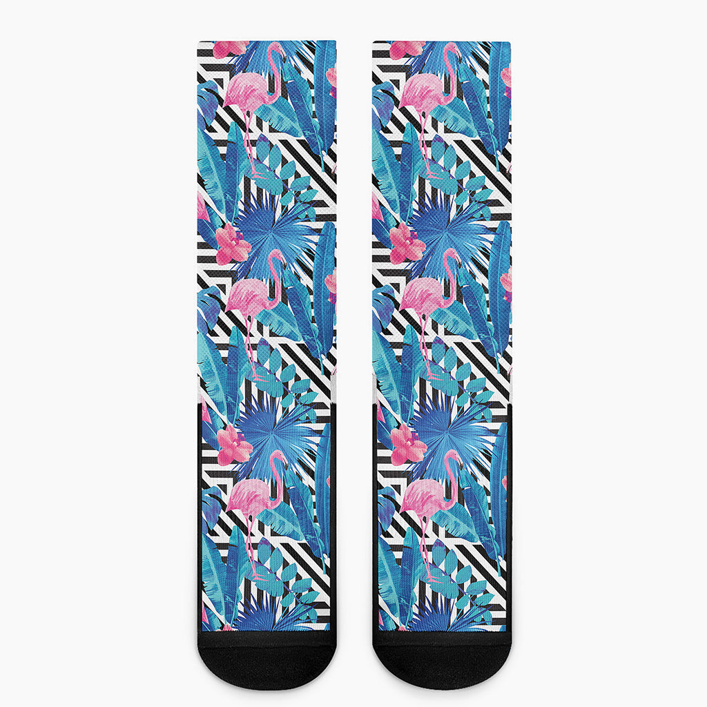 Blue Tropical And Pink Flamingo Print Crew Socks