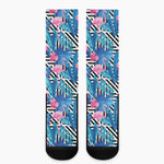 Blue Tropical And Pink Flamingo Print Crew Socks