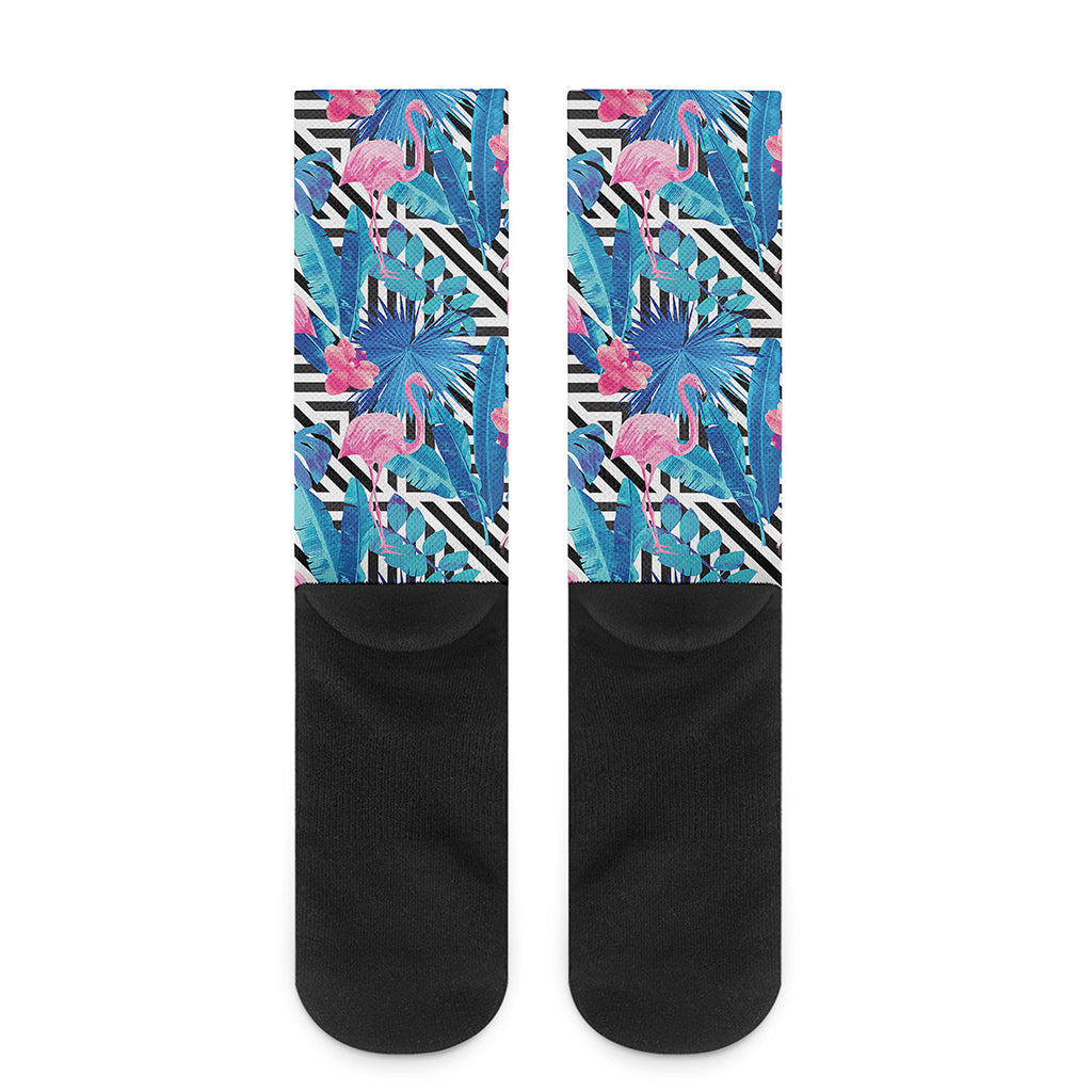 Blue Tropical And Pink Flamingo Print Crew Socks