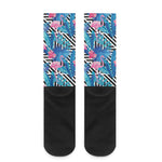 Blue Tropical And Pink Flamingo Print Crew Socks