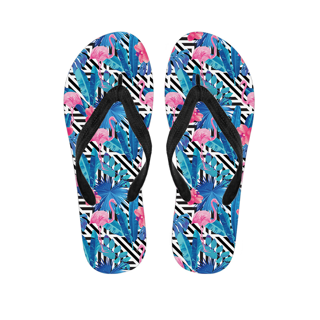 Blue Tropical And Pink Flamingo Print Flip Flops