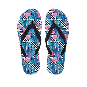 Blue Tropical And Pink Flamingo Print Flip Flops