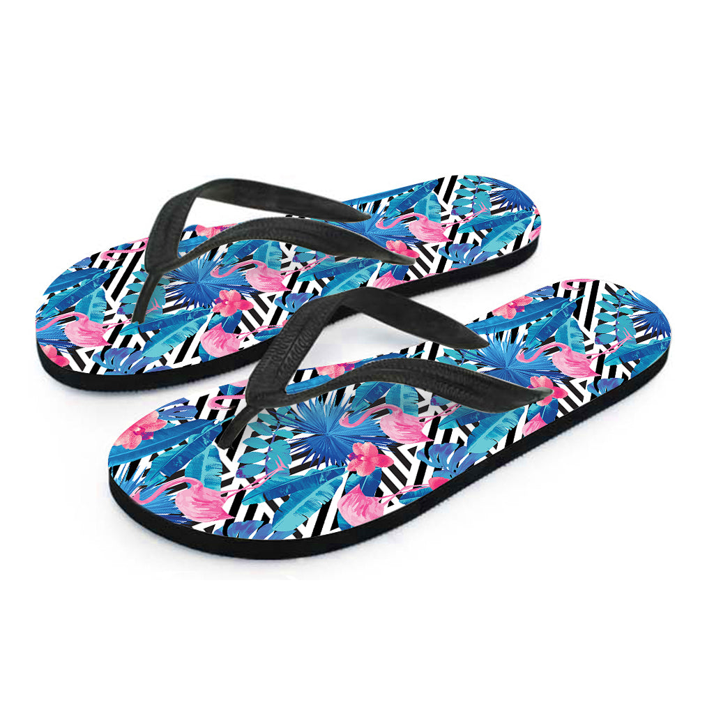 Blue Tropical And Pink Flamingo Print Flip Flops