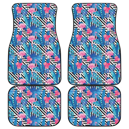 Blue Tropical And Pink Flamingo Print Front and Back Car Floor Mats