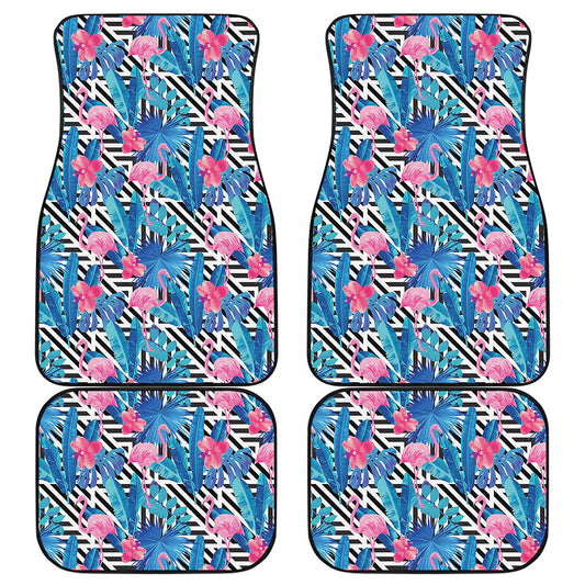Blue Tropical And Pink Flamingo Print Front and Back Car Floor Mats