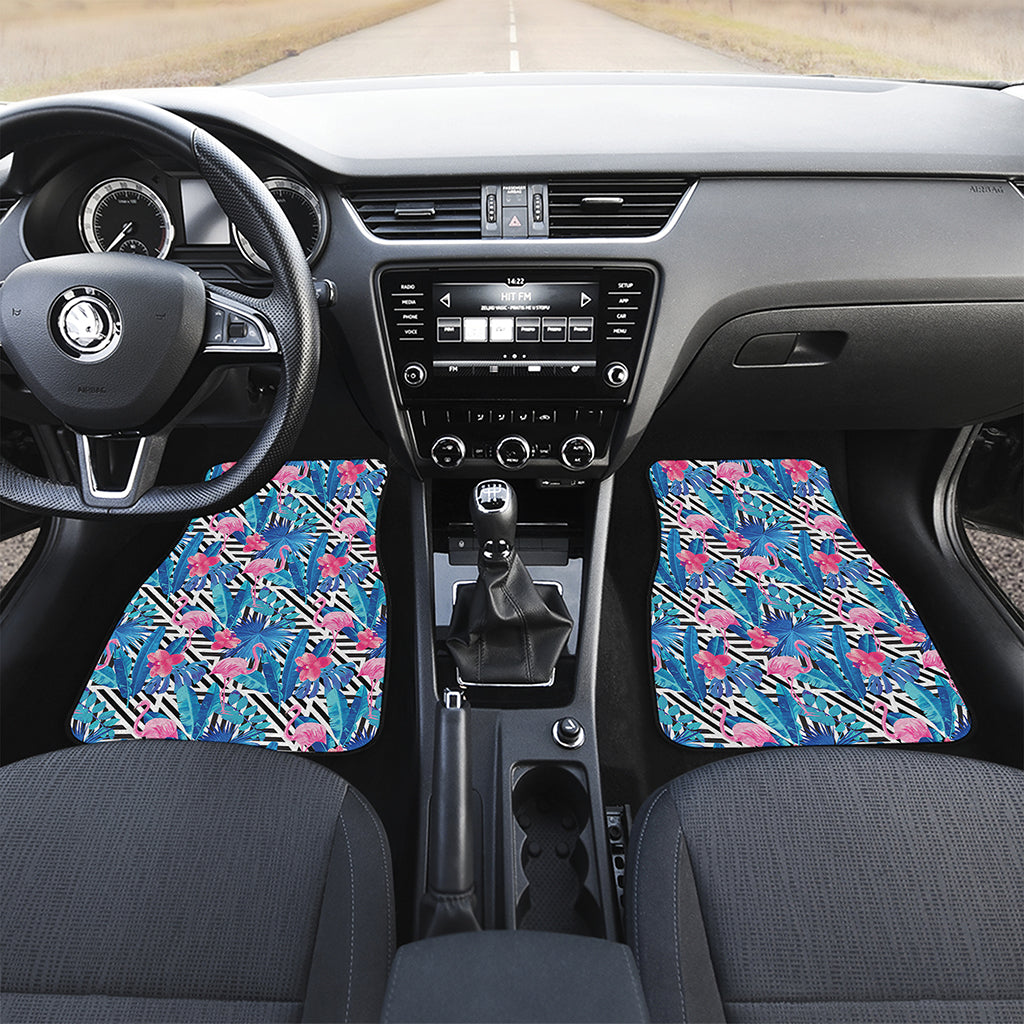 Blue Tropical And Pink Flamingo Print Front and Back Car Floor Mats