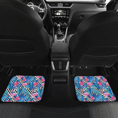 Blue Tropical And Pink Flamingo Print Front and Back Car Floor Mats