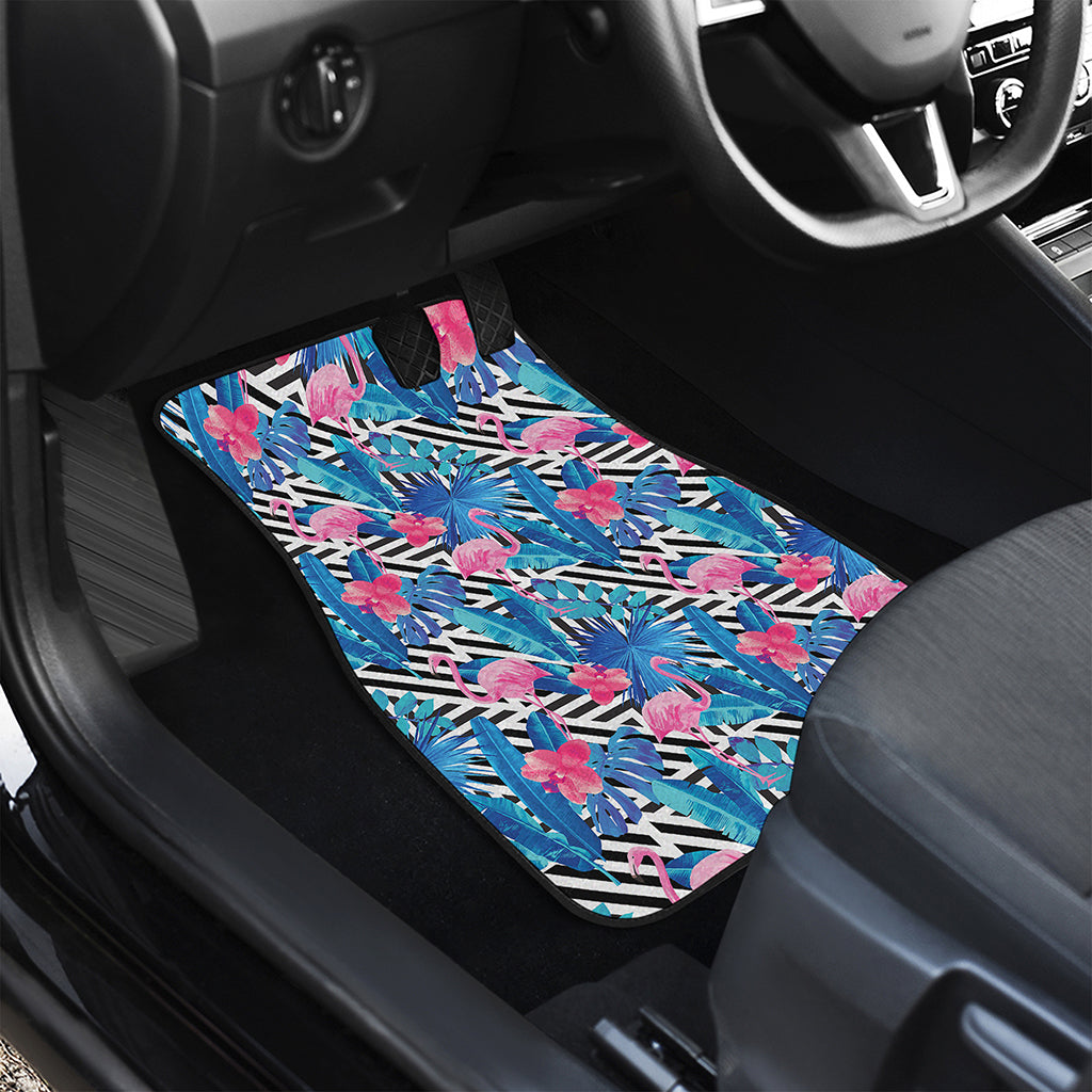 Blue Tropical And Pink Flamingo Print Front and Back Car Floor Mats