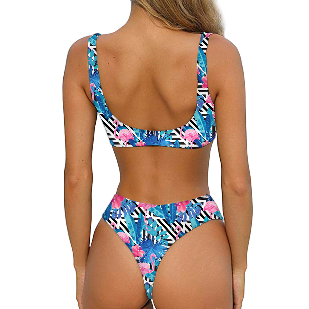 Blue Tropical And Pink Flamingo Print Front Bow Tie Bikini