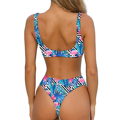 Blue Tropical And Pink Flamingo Print Front Bow Tie Bikini