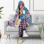 Blue Tropical And Pink Flamingo Print Hooded Blanket