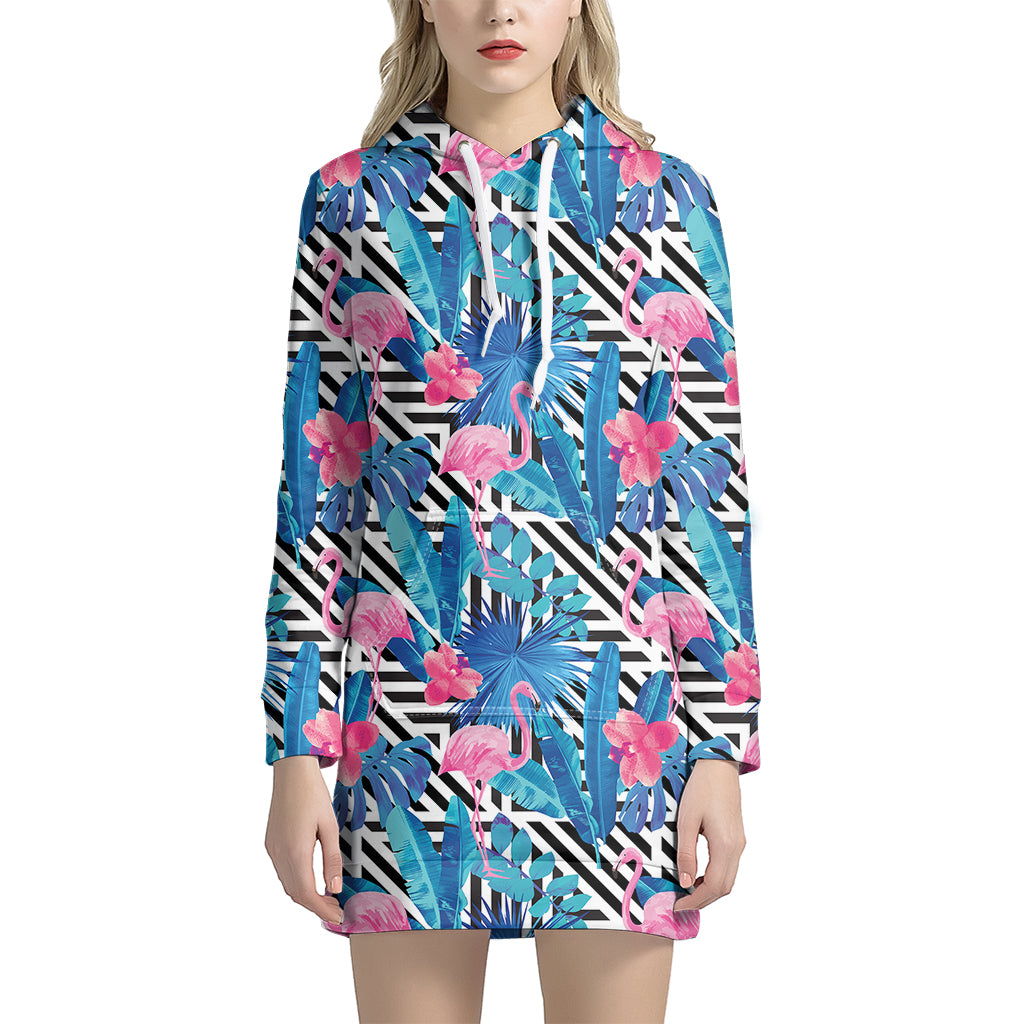 Blue Tropical And Pink Flamingo Print Hoodie Dress