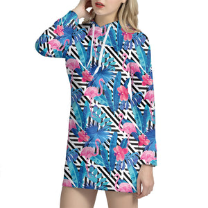 Blue Tropical And Pink Flamingo Print Hoodie Dress