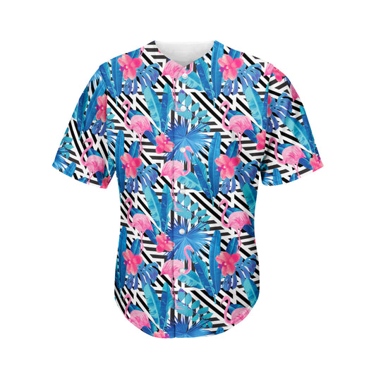 Blue Tropical And Pink Flamingo Print Men's Baseball Jersey