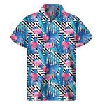 Blue Tropical And Pink Flamingo Print Men's Short Sleeve Shirt