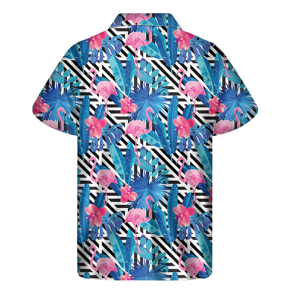 Blue Tropical And Pink Flamingo Print Men's Short Sleeve Shirt