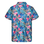 Blue Tropical And Pink Flamingo Print Men's Short Sleeve Shirt