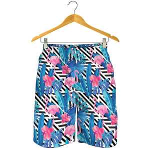 Blue Tropical And Pink Flamingo Print Men's Shorts