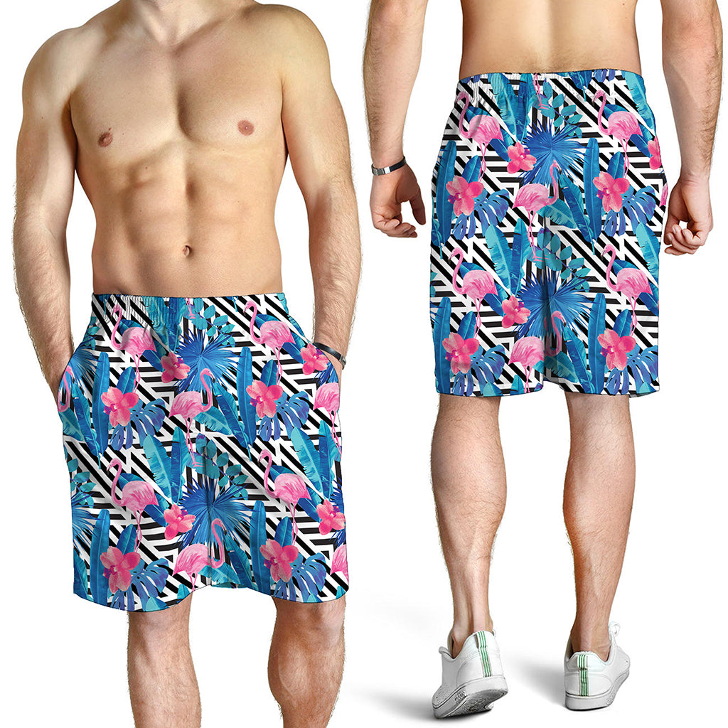 Blue Tropical And Pink Flamingo Print Men's Shorts