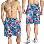 Blue Tropical And Pink Flamingo Print Men's Shorts