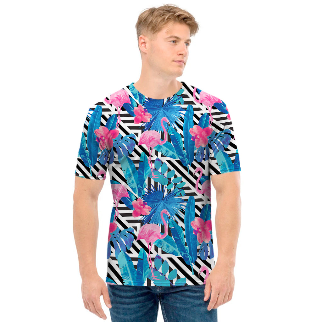 Blue Tropical And Pink Flamingo Print Men's T-Shirt