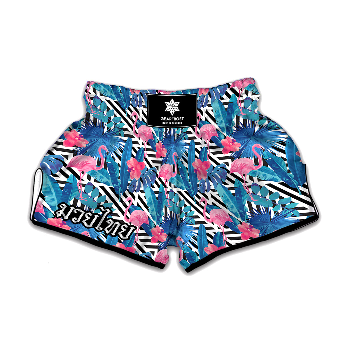 Blue Tropical And Pink Flamingo Print Muay Thai Boxing Shorts