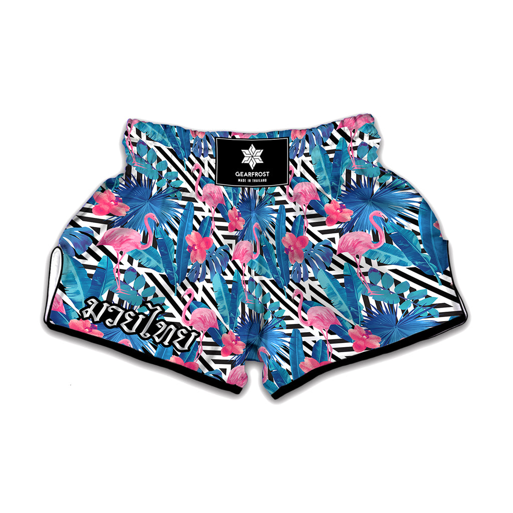 Blue Tropical And Pink Flamingo Print Muay Thai Boxing Shorts