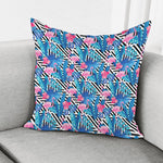Blue Tropical And Pink Flamingo Print Pillow Cover