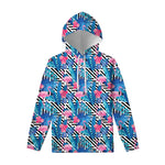 Blue Tropical And Pink Flamingo Print Pullover Hoodie