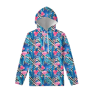 Blue Tropical And Pink Flamingo Print Pullover Hoodie