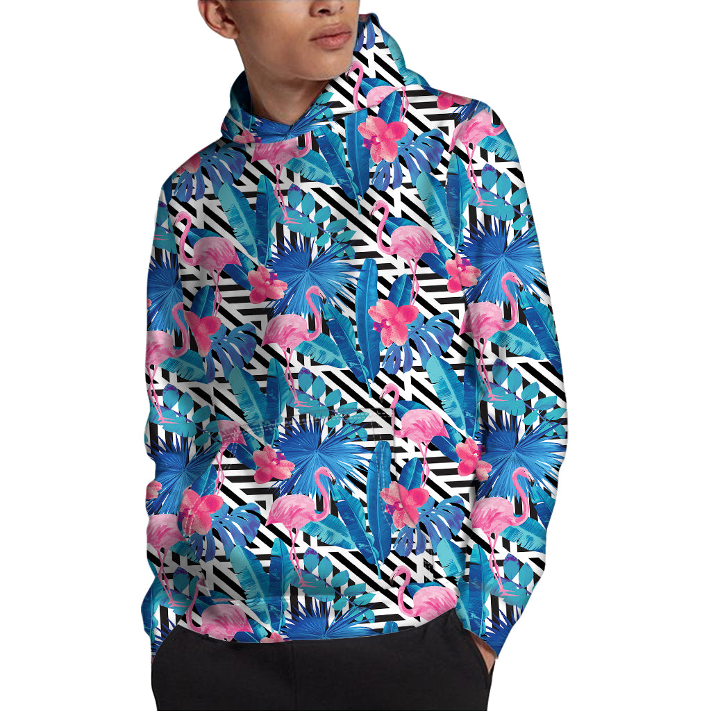 Blue Tropical And Pink Flamingo Print Pullover Hoodie