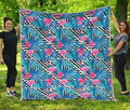 Blue Tropical And Pink Flamingo Print Quilt