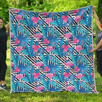 Blue Tropical And Pink Flamingo Print Quilt