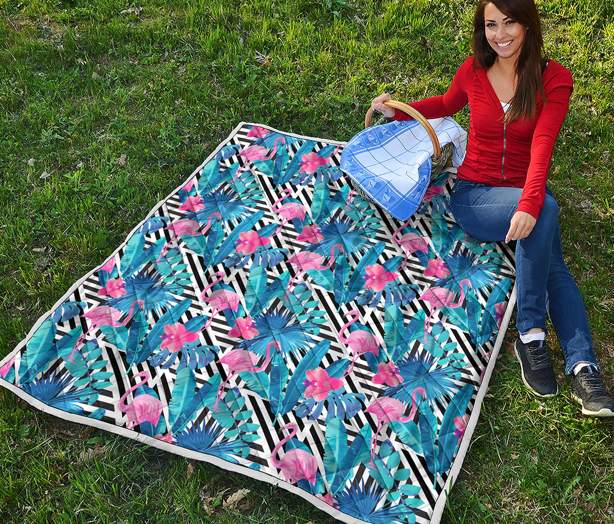 Blue Tropical And Pink Flamingo Print Quilt