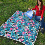 Blue Tropical And Pink Flamingo Print Quilt