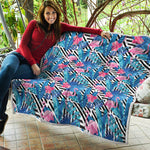 Blue Tropical And Pink Flamingo Print Quilt