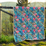 Blue Tropical And Pink Flamingo Print Quilt
