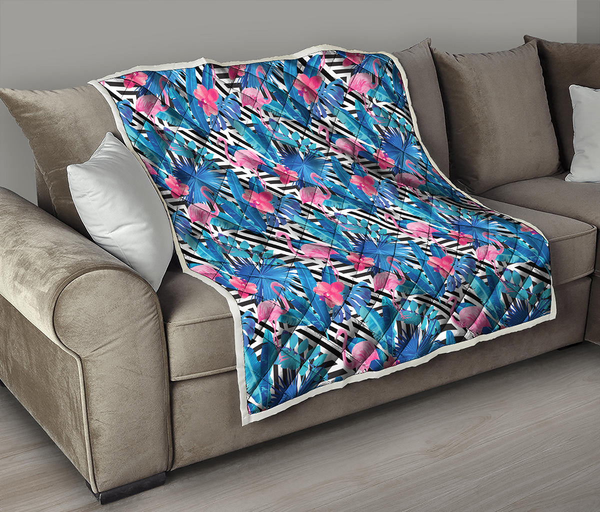 Blue Tropical And Pink Flamingo Print Quilt