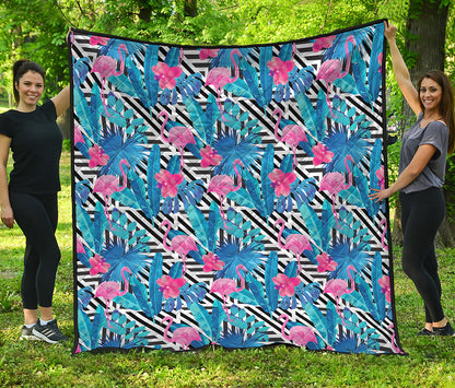Blue Tropical And Pink Flamingo Print Quilt