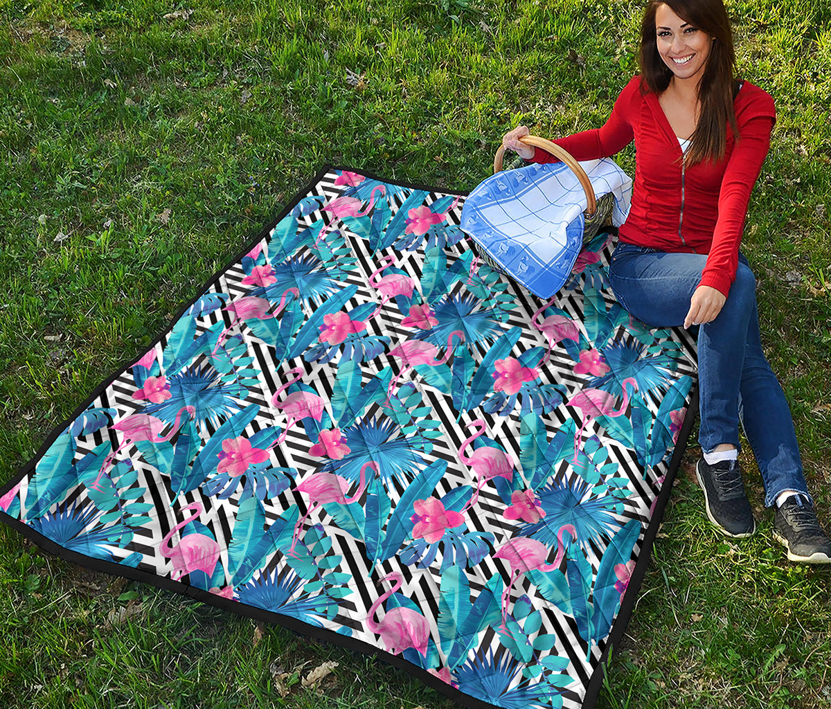 Blue Tropical And Pink Flamingo Print Quilt