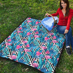 Blue Tropical And Pink Flamingo Print Quilt