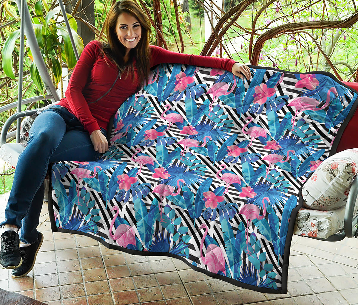 Blue Tropical And Pink Flamingo Print Quilt