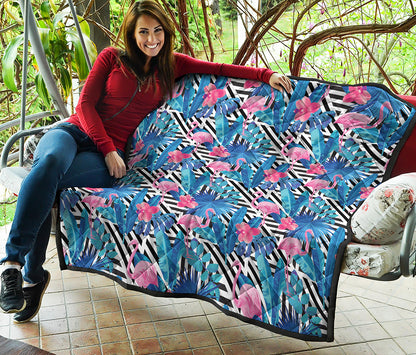 Blue Tropical And Pink Flamingo Print Quilt