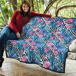 Blue Tropical And Pink Flamingo Print Quilt