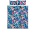 Blue Tropical And Pink Flamingo Print Quilt Bed Set