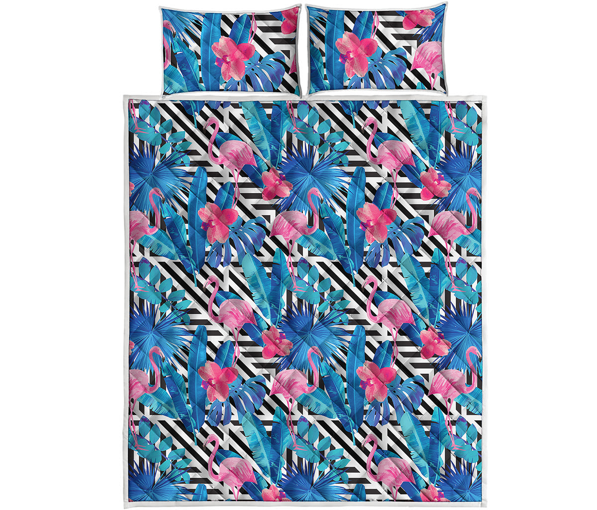 Blue Tropical And Pink Flamingo Print Quilt Bed Set