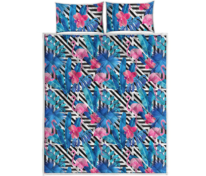Blue Tropical And Pink Flamingo Print Quilt Bed Set